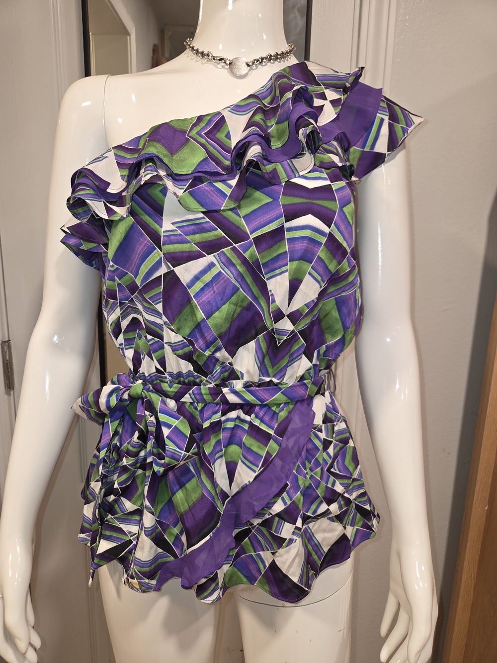 bebe One-Shoulder Ruffle Geometric Print Top - Purple, Green & White